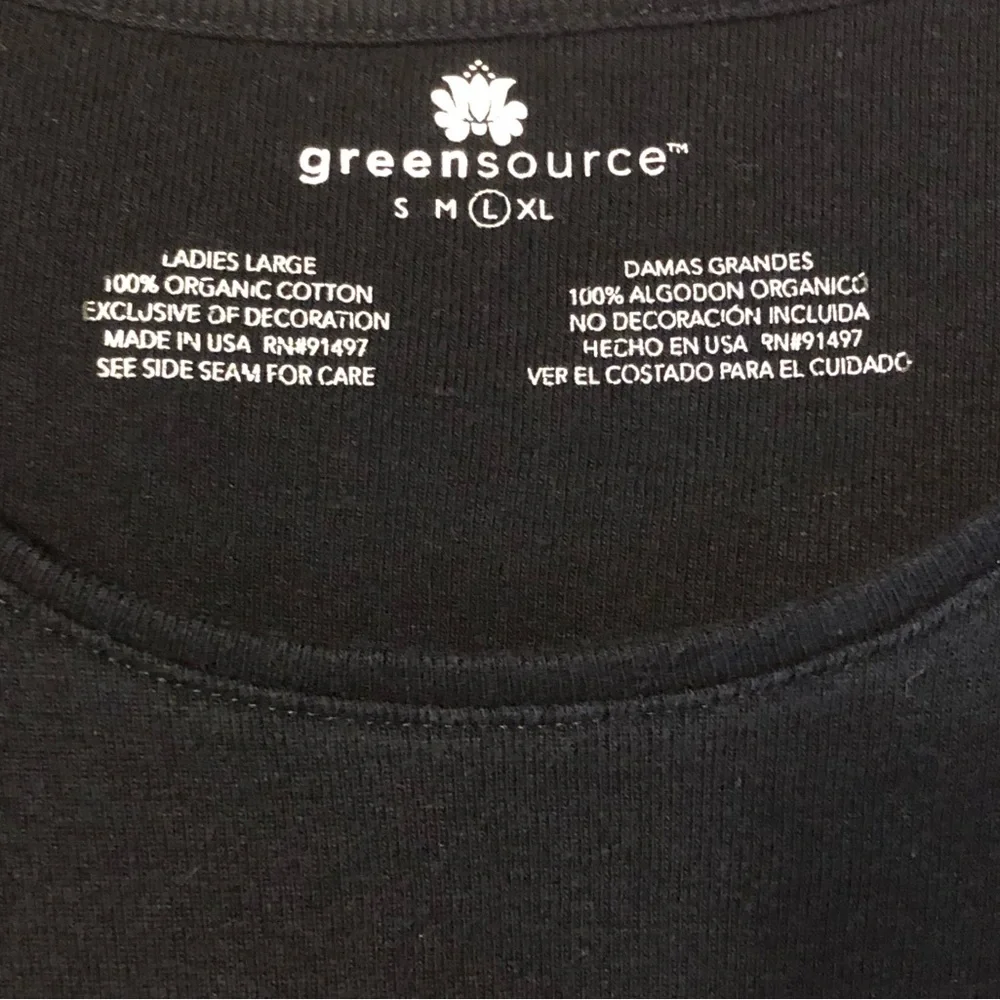 Greensource 100% Organic Cotton Black Stretch T-shirt w/ Rose Women’s Size L - Picture 4 of 6
